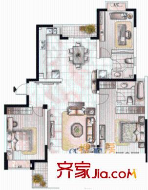 金都名苑戶型圖戶型圖 3室2廳2衛(wèi)1廚