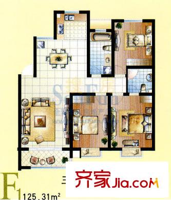 廣楓名苑戶型圖F戶型 3室2廳2衛(wèi)1廚