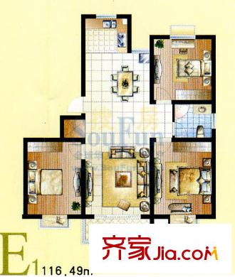 廣楓名苑戶型圖E戶型 3室2廳1衛(wèi)1廚