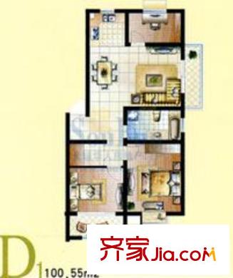 廣楓名苑戶型圖D戶型 3室2廳1衛(wèi)1廚