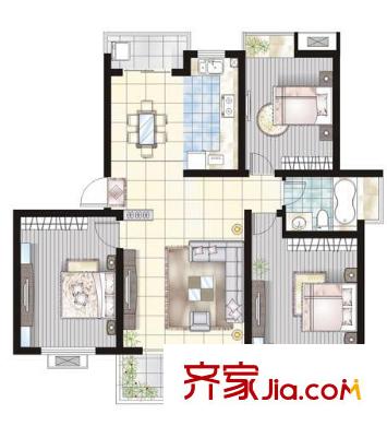 大觀名園三期戶型圖D1戶型 3室2廳1衛(wèi)1廚