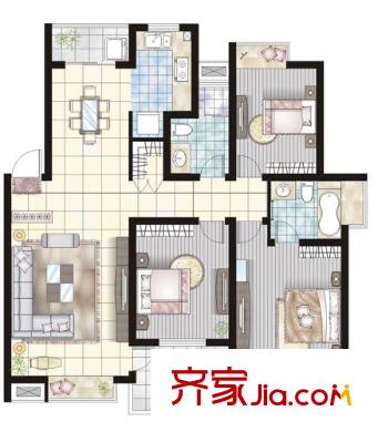 大觀名園三期戶型圖E2戶型 3室2廳2衛(wèi)1廚