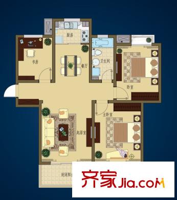 群星苑戶型圖一區(qū)2#標(biāo)準(zhǔn)層B戶型 3室2廳1衛(wèi)1廚