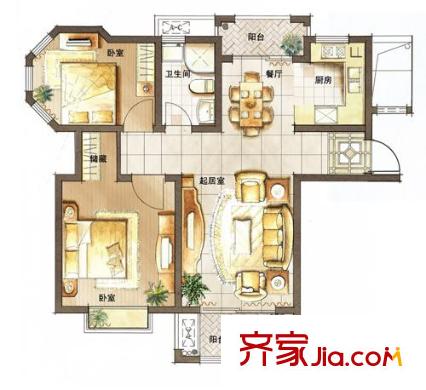 金櫚灣戶型圖D1邊套標(biāo)準(zhǔn)層 2室2廳1衛(wèi)1廚