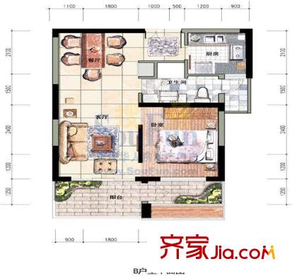 胥香園戶型圖B戶型 1室2廳1衛(wèi)1廚
