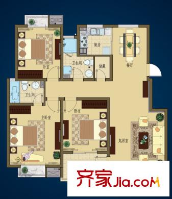 群星苑戶型圖一區(qū)4#標(biāo)準(zhǔn)層A2戶型 3室2廳2衛(wèi)1廚