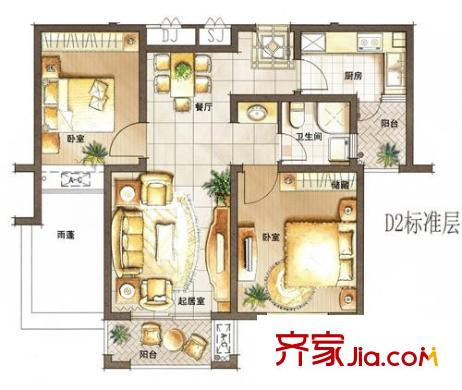 金櫚灣戶型圖D2標(biāo)準(zhǔn)層 2室2廳1衛(wèi)1廚