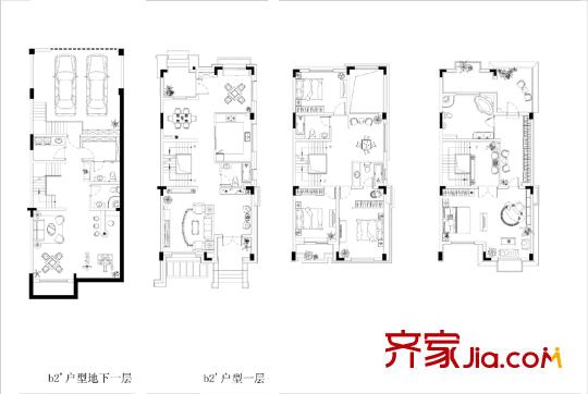 金輝九緯戶型圖26#雙拼別墅b2’戶型 4室2廳4衛(wèi)1廚