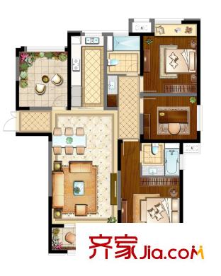 保利悅平方米4#標(biāo)準(zhǔn)層?xùn)|邊01室J1戶型 3室2廳2衛(wèi)1廚