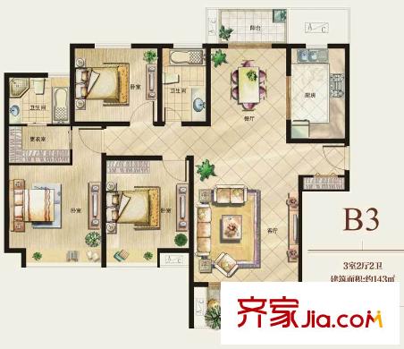 天鴻國(guó)際花園戶型圖高層B3 3室2廳2衛(wèi)1廚