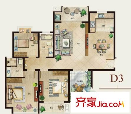 天鴻國際花園戶型圖高層D3 4室2廳2衛(wèi)1廚