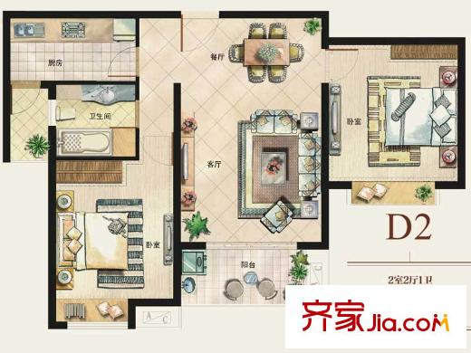 天鴻國(guó)際花園戶型圖高層D2 2室2廳1衛(wèi)1廚