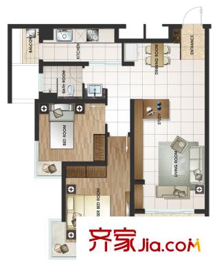 佑林泰極B戶型偶數(shù)層 2室2廳1衛(wèi)1廚