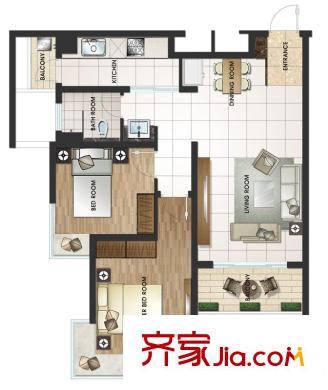 佑林泰極B戶型奇數(shù)層 2室2廳1衛(wèi)1廚