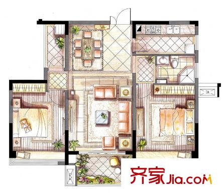 九方城一期1#、2#、3#C2戶(hù)型 2室2廳1衛(wèi)1廚
