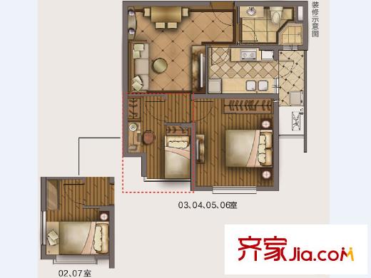 華城美地?南岸二期2、3#樓E戶型 1室1廳1衛(wèi)1廚