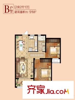 優(yōu)公館戶型圖1、5、6#B戶型標(biāo)準(zhǔn)層 2室2廳1衛(wèi)1廚