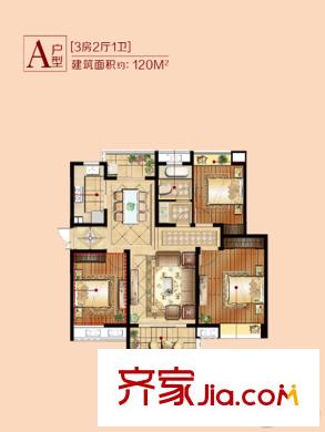 優(yōu)公館戶型圖1、5、6#A戶型標(biāo)準(zhǔn)層 3室2廳1衛(wèi)1廚