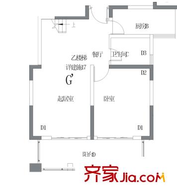 弘景灣戶(hù)型圖一期4#7#17層標(biāo)準(zhǔn)層G戶(hù)型 2室3廳2衛(wèi)1廚