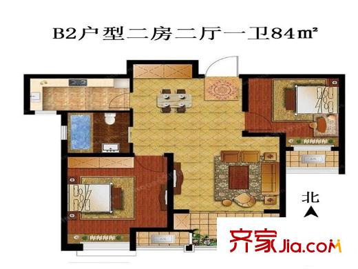 昆山香溢紫郡B2戶型 2室2廳1衛(wèi)1廚