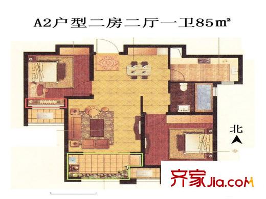 昆山香溢紫郡A2戶型 2室2廳1衛(wèi)1廚