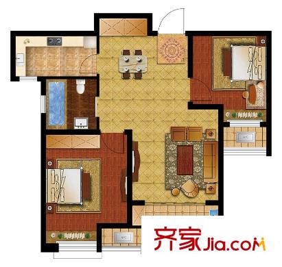 昆山香溢紫郡一期7號樓B2戶型 2室2廳1衛(wèi)1廚