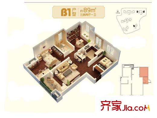 朗詩未來家戶型圖三期17#標(biāo)準(zhǔn)層B1戶型 2室2廳1衛(wèi)1廚