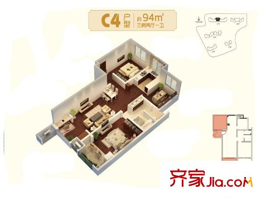朗詩未來家戶型圖 三期17#標(biāo)準(zhǔn)層C4戶型 3室2廳1衛(wèi)1廚