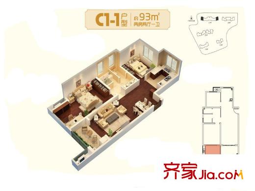 朗詩未來家戶型圖三期13#標(biāo)準(zhǔn)層C1戶型 3室2廳1衛(wèi)1廚
