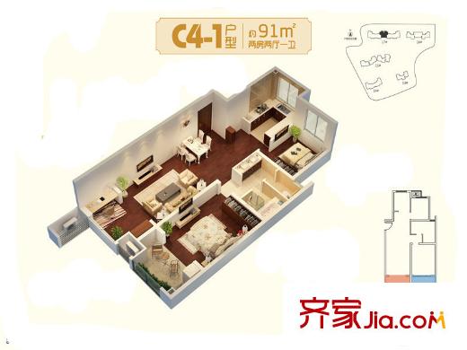 朗詩未來家戶型圖三期17#標(biāo)準(zhǔn)層C4-1戶型 2室2廳1衛(wèi)1廚