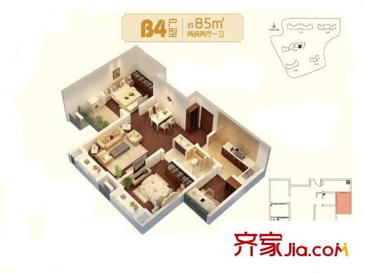 朗詩未來家戶型圖三期15#標(biāo)準(zhǔn)層B4戶型 2室2廳1衛(wèi)1廚