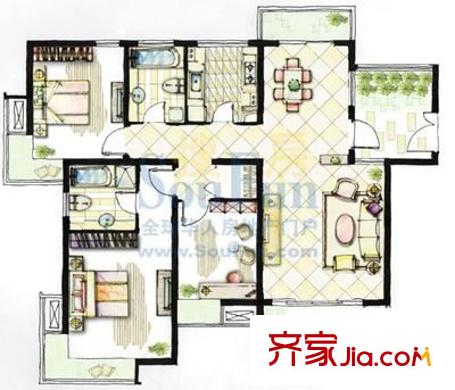 翡翠家園戶型圖戶型圖 2室2廳2衛(wèi)1廚