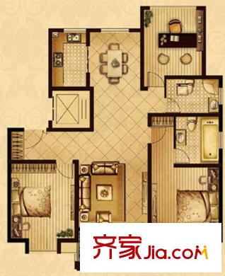 星寶花園戶型圖一期45#標(biāo)準(zhǔn)層B戶型 3室2廳2衛(wèi)1廚