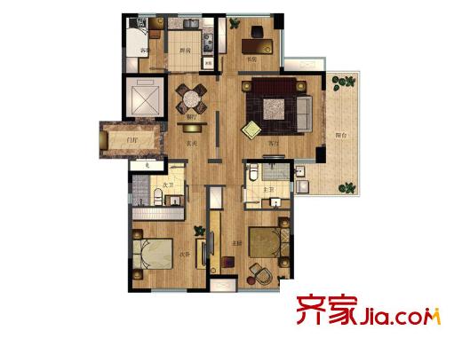 恒熙湖庭戶型圖102#、104#標準層D戶型 4室2廳2衛(wèi)1廚