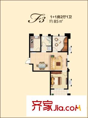 高新地產(chǎn)天之運(yùn)25#標(biāo)準(zhǔn)層F3戶型 2室2廳1衛(wèi)1廚