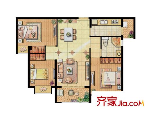 瑜翠園戶型圖4#8#高層標(biāo)準(zhǔn)層B戶型 3室2廳1衛(wèi)1廚