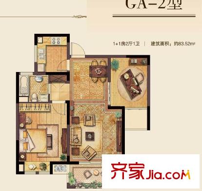 麗灣域戶型圖一期29#30#標(biāo)層中戶GA-2戶型2室2廳1衛(wèi)83平方米 2室2廳1衛(wèi)1廚