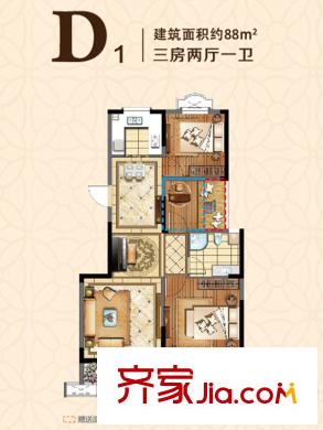 奧林運(yùn)河灣戶型圖五期16#樓D1戶型圖 3室2廳1衛(wèi)1廚