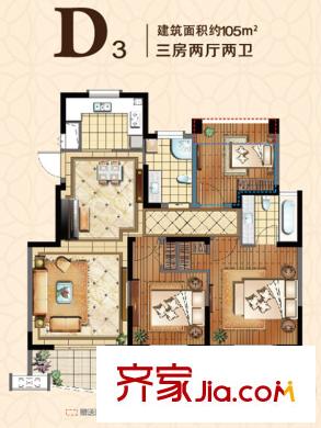 奧林運(yùn)河灣戶型圖五期16#樓D3戶型圖 3室2廳2衛(wèi)1廚