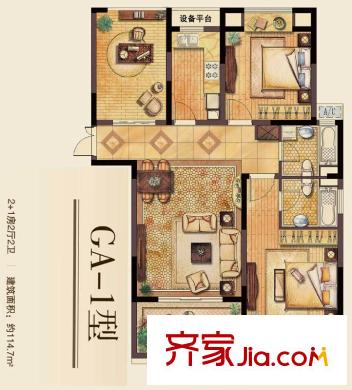 麗灣域戶型圖一期29#30#標(biāo)層邊戶GA-1戶型3室2廳2衛(wèi)114平方米 3室2廳2衛(wèi)1廚