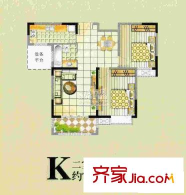 東景公寓戶型圖K戶型 2室2廳1衛(wèi)1廚