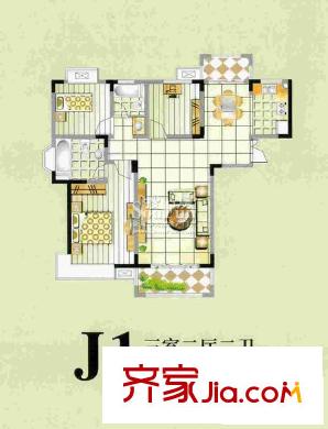 東景公寓戶型圖J1戶型 3室2廳2衛(wèi)1廚