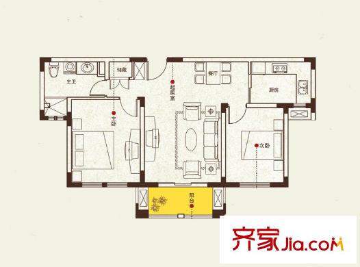 姑蘇世家戶型圖二期24、25#標(biāo)準(zhǔn)層F戶型 2室2廳1衛(wèi)1廚