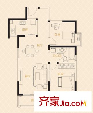 姑蘇世家戶型圖二期26、27、28#標(biāo)準(zhǔn)層D1戶型 2室2廳1衛(wèi)1廚