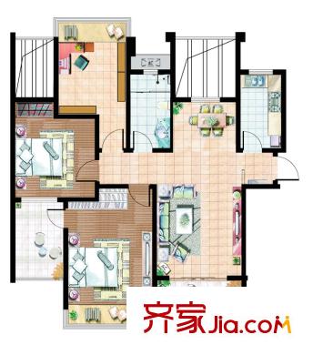 珠江首府戶型圖一期3、4#標(biāo)準(zhǔn)層D1戶型 3室2廳1衛(wèi)1廚