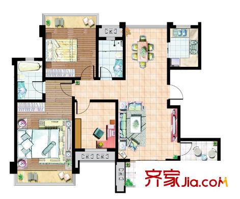 珠江首府戶型圖一期3#標(biāo)準(zhǔn)層C戶型 3室2廳2衛(wèi)1廚