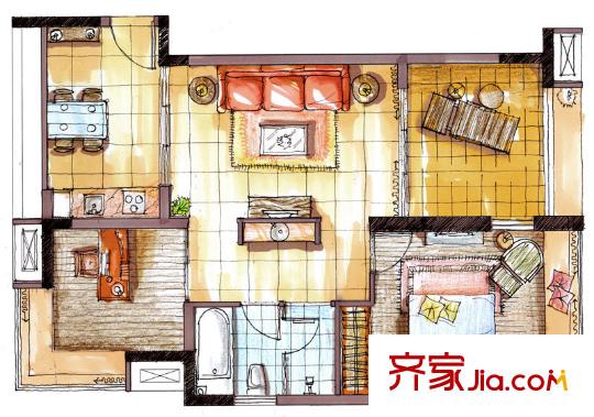 花樣年太湖天城1、2、7、8#A戶(hù)型 2室1廳1衛(wèi)1廚