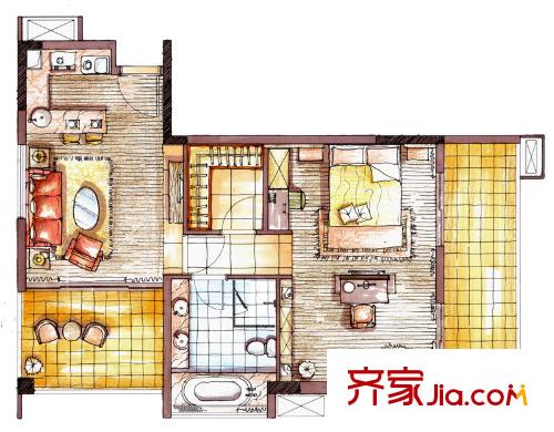 花樣年太湖天城1、2#D戶(hù)型 2室1廳1衛(wèi)1廚