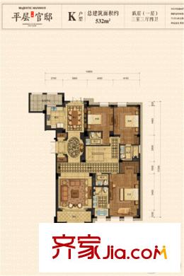 綠城蘇州御園二期平層K戶型532平方米 3室3廳4衛(wèi)1廚