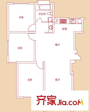 鴻運(yùn)家園8#小高層標(biāo)準(zhǔn)層G戶型 3室2廳1衛(wèi)1廚